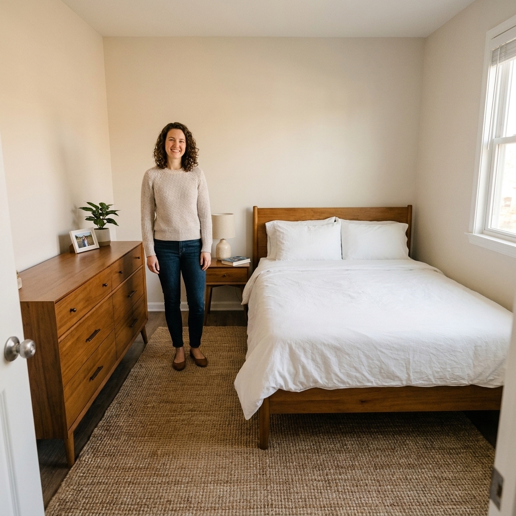 A 10x10 bedroom with a queen bed tucked into a corner, one nightstand on the open side, a dresser along the opposite wall, and a clear walking path from the door