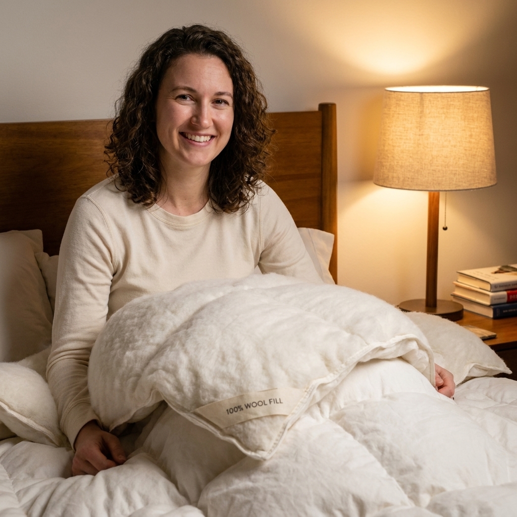 A bed made with a fluffy white duvet insert with a visible tag indicating wool fill, lit by a bedside lamp