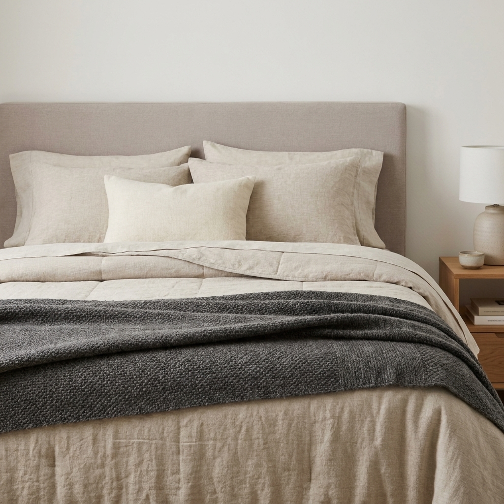 A bed styled with a neutral quilt and a contrasting woven throw folded into a wide band across the lower third of the bed