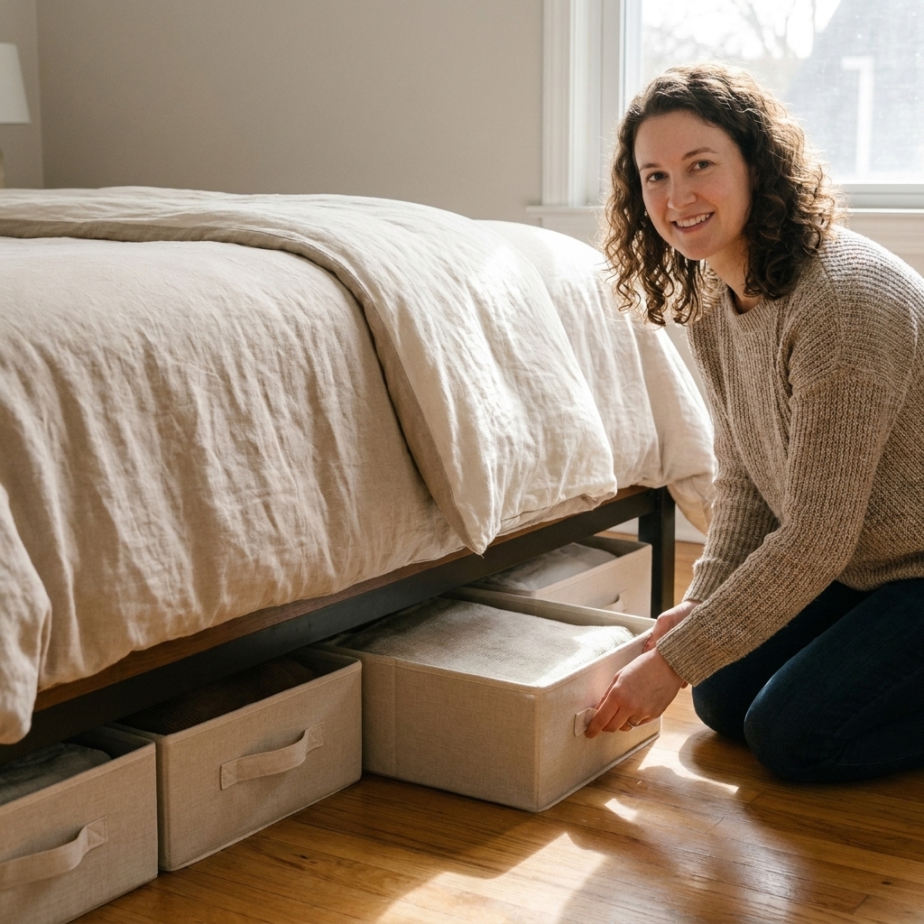 A bed with neutral bedding and several matching low-profile storage bins sliding neatly under the frame on a hardwood floor