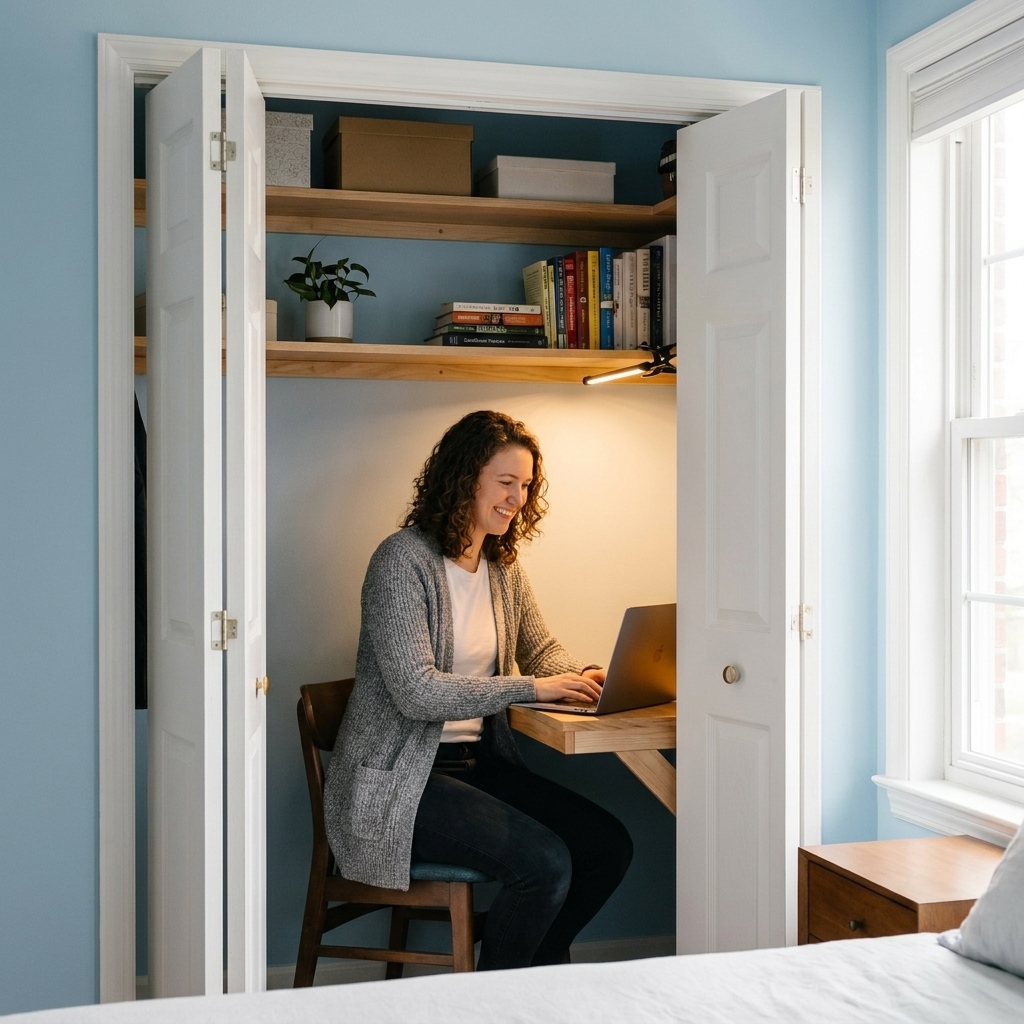 A bedroom closet converted into a small office with a built-in style desk surface, shelves above, a task light, and the closet doors open to reveal a tidy setup
