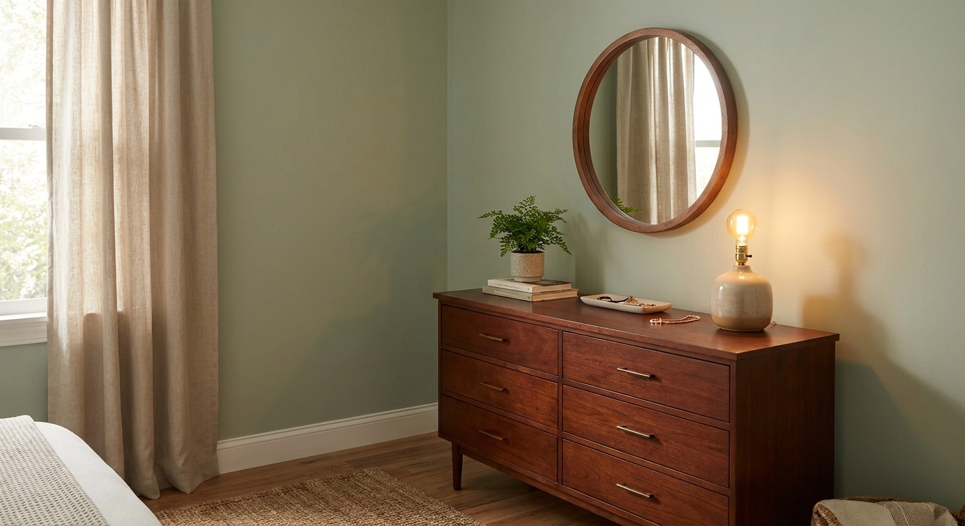 A bedroom corner with a mahogany wood dresser against soft sage green walls, a round mirror above it, a ceramic lamp with a warm bulb, and neutral linen curtains filtering daylight