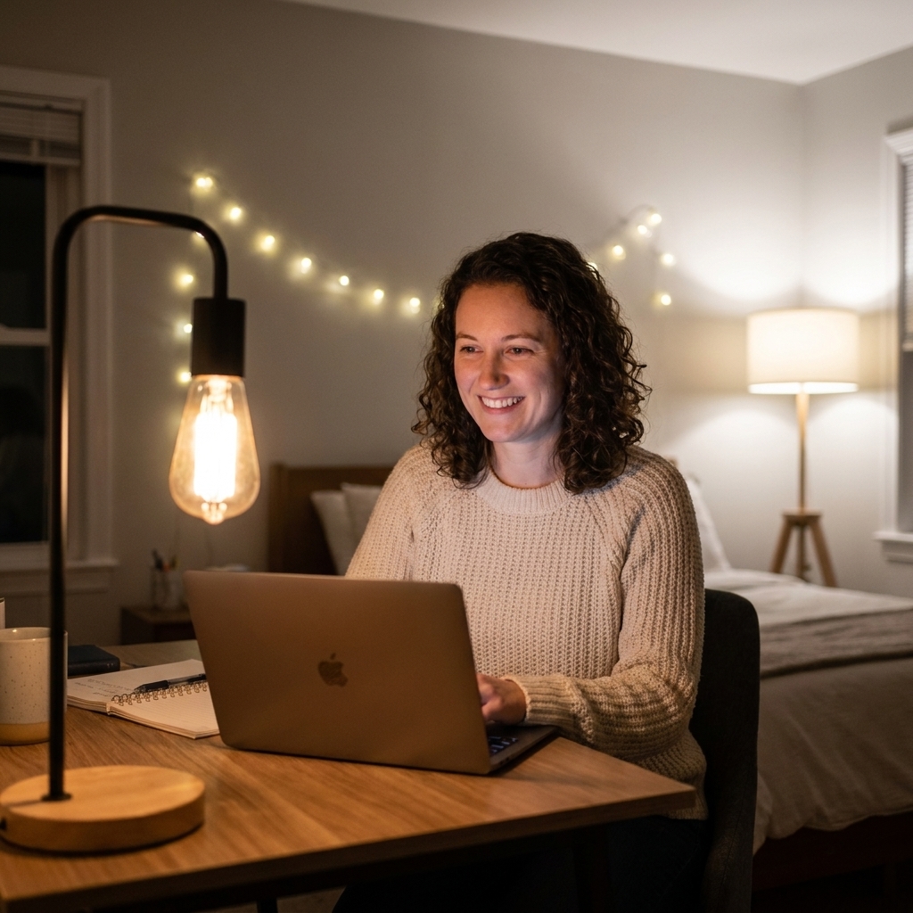A bedroom desk with a warm-glow lamp and soft ambient lighting in the room, creating a relaxed atmosphere while keeping the work surface bright enough to use
