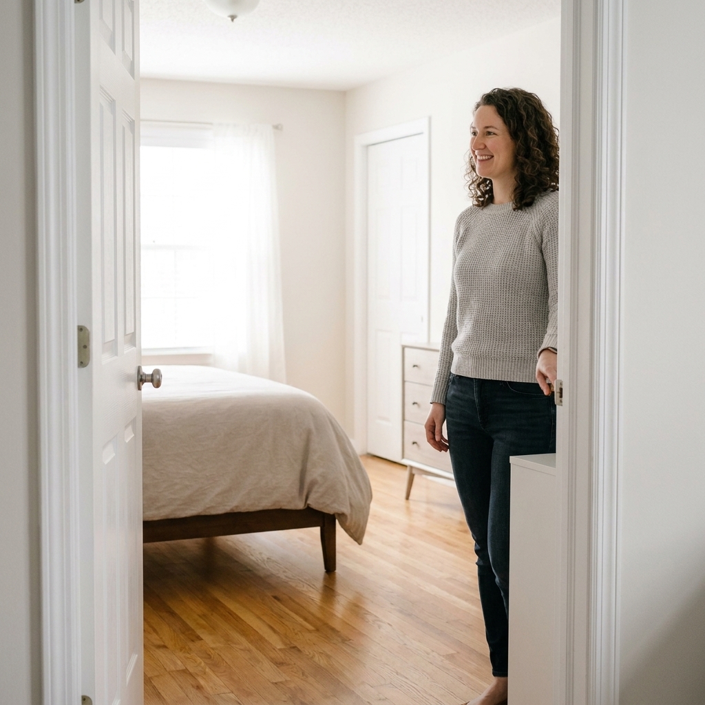 A bedroom doorway with a clear open door swing area, showing furniture positioned away from the door path and a tidy floor