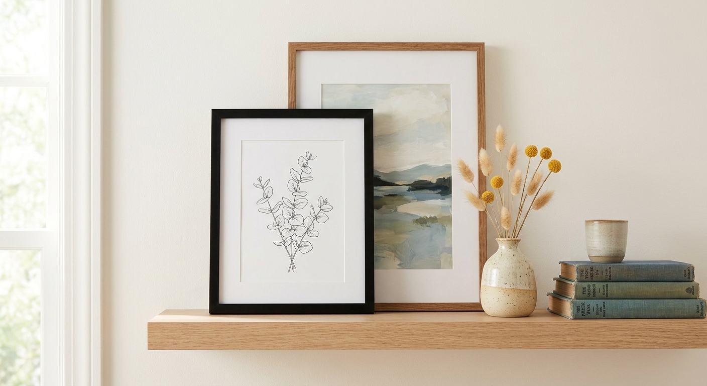 A bedroom floating shelf with two framed art prints leaning against a warm white wall, layered slightly, next to a small ceramic vase and a stack of books