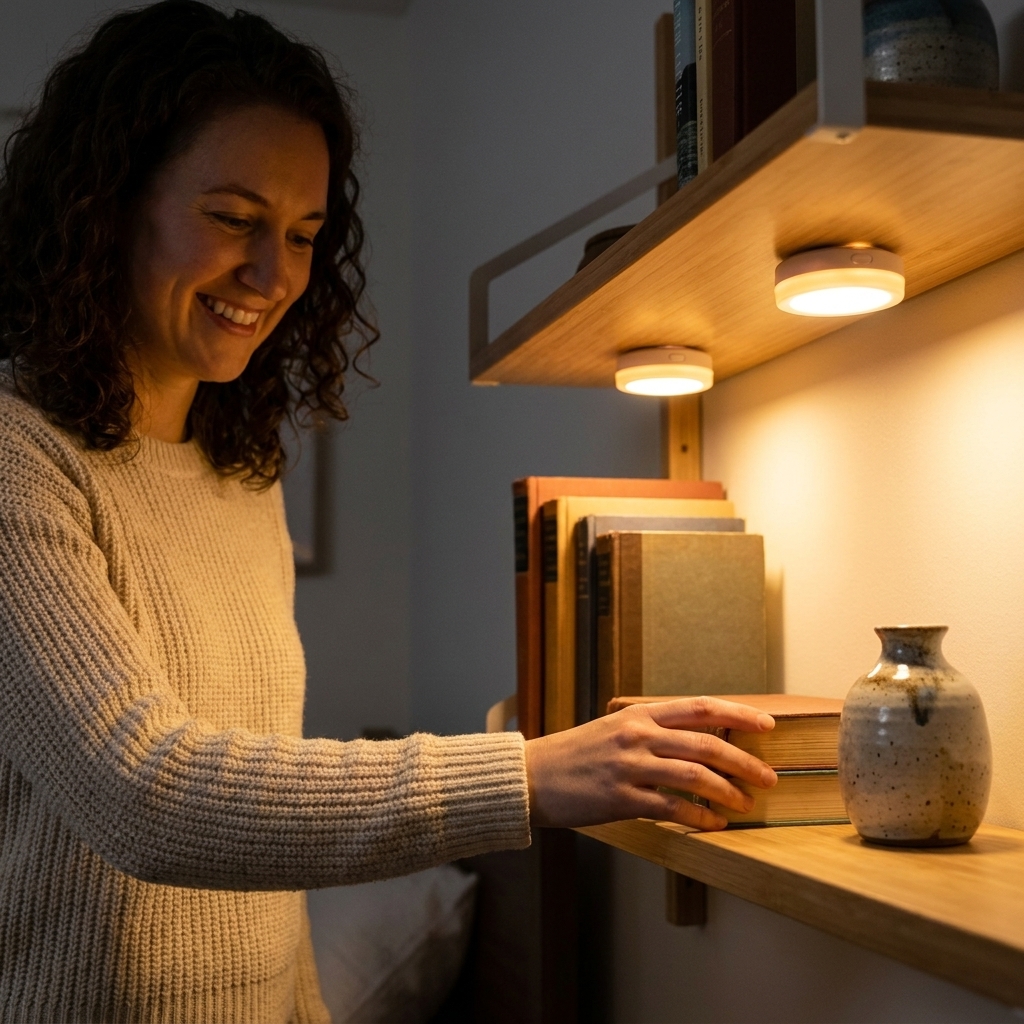 A bedroom wall shelf with two small rechargeable LED puck lights mounted underneath, creating a warm pool of light over books and a ceramic vase