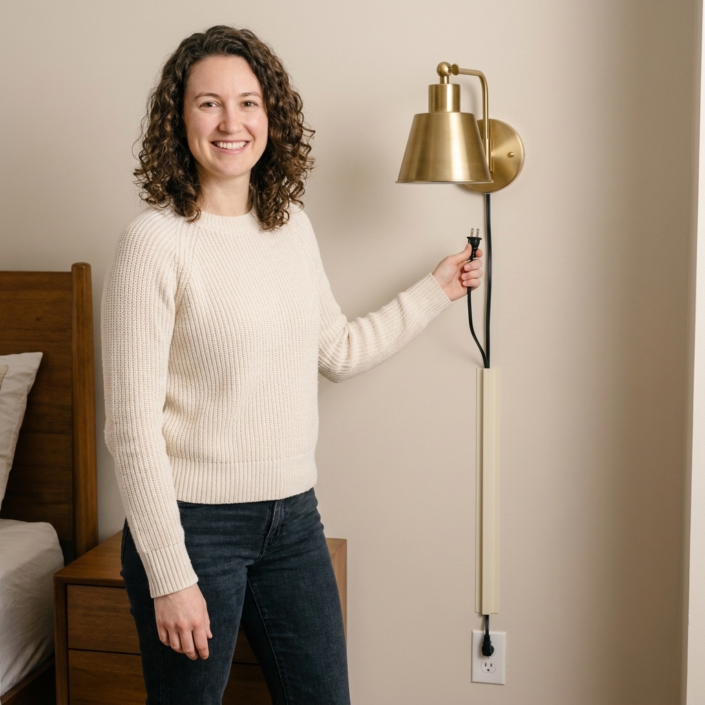A bedroom wall with a plug-in sconce cord tucked into a slim adhesive cord cover channel that blends into the wall, keeping the cord line straight and tidy