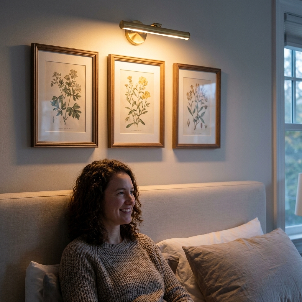 A bedroom wall with framed artwork illuminated by a small battery-operated picture light, adding a soft accent glow above the bed