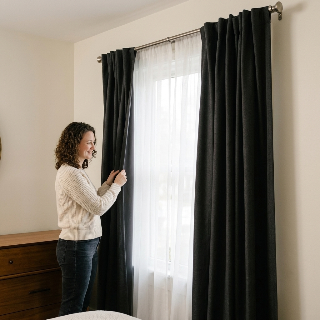 A bedroom window using a double curtain rod with white sheer panels on the inner rod and thick blackout curtains on the outer rod