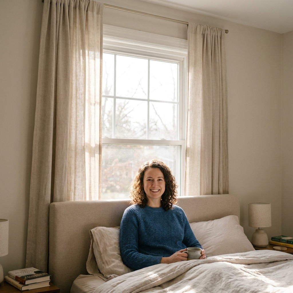 A bedroom with a bed placed directly under a window with curtains drawn to the sides, showing a headboard sitting below the window sill