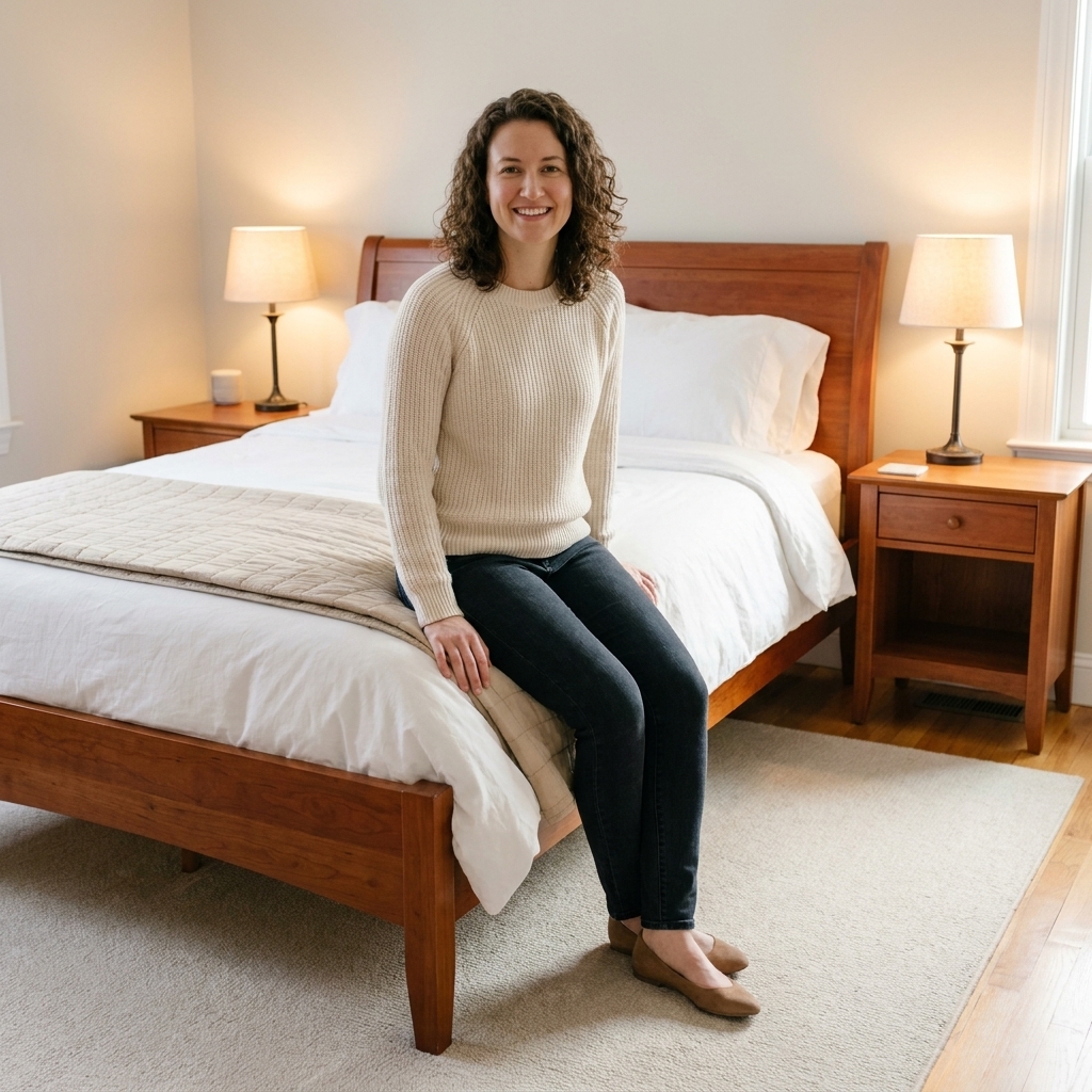 A bedroom with a cherry wood bed frame dressed in crisp white bedding, a soft beige quilt folded at the foot, two warm-glowing bedside lamps, and a light neutral rug that brightens the space