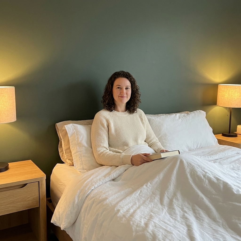 A bedroom with a dark muted green accent wall behind the bed, crisp white bedding, light wood nightstands, and warm ambient lighting from bedside lamps