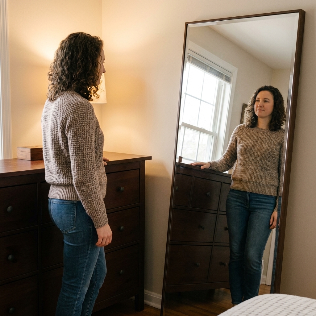 A bedroom with a full-length mirror placed on a side wall beside a dresser, positioned so it does not reflect the bed or the doorway