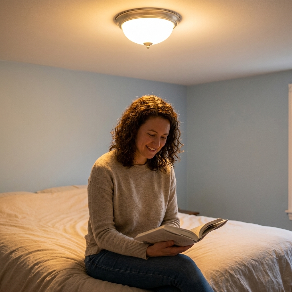A bedroom with a simple semi-flush ceiling fixture turned on, casting warm ambient light across the bed and walls
