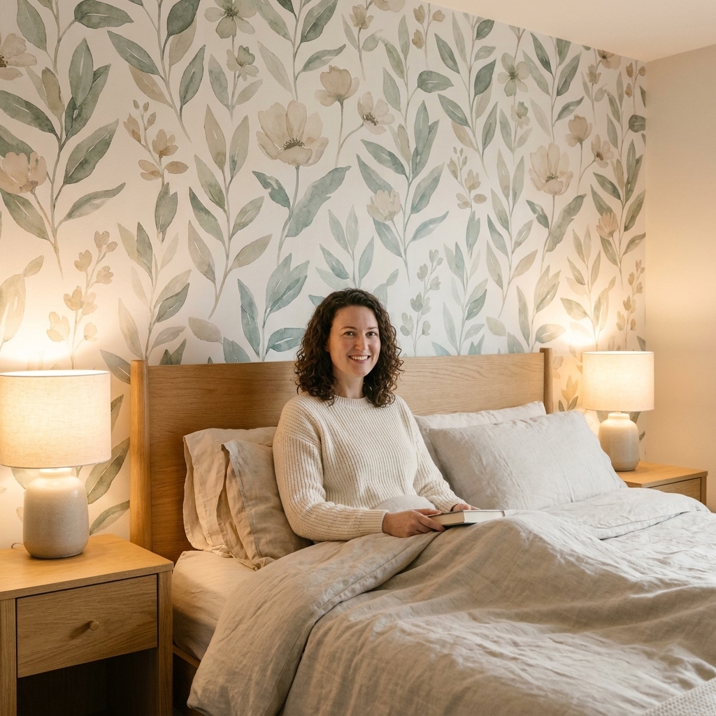 A bedroom with a soft botanical wallpaper accent wall behind the headboard, neutral bedding, and simple wood nightstands with matching warm lamps