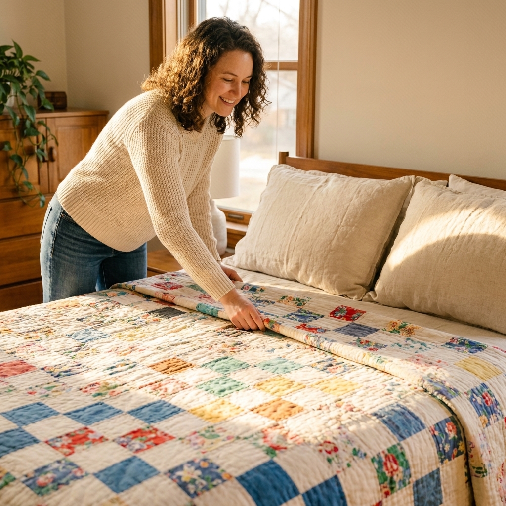 A bedroom with a vintage patchwork quilt neatly spread across the bed, two linen pillow shams, and warm afternoon light highlighting the quilt stitching