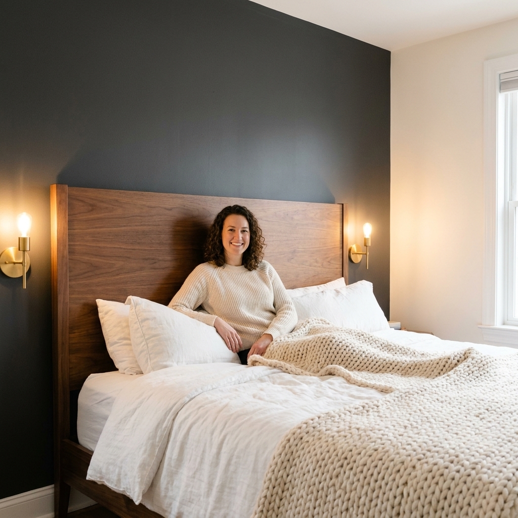 A bedroom with a walnut wood headboard against a charcoal gray accent wall, warm white side walls, white bedding with a chunky knit throw, and brass wall sconces on either side