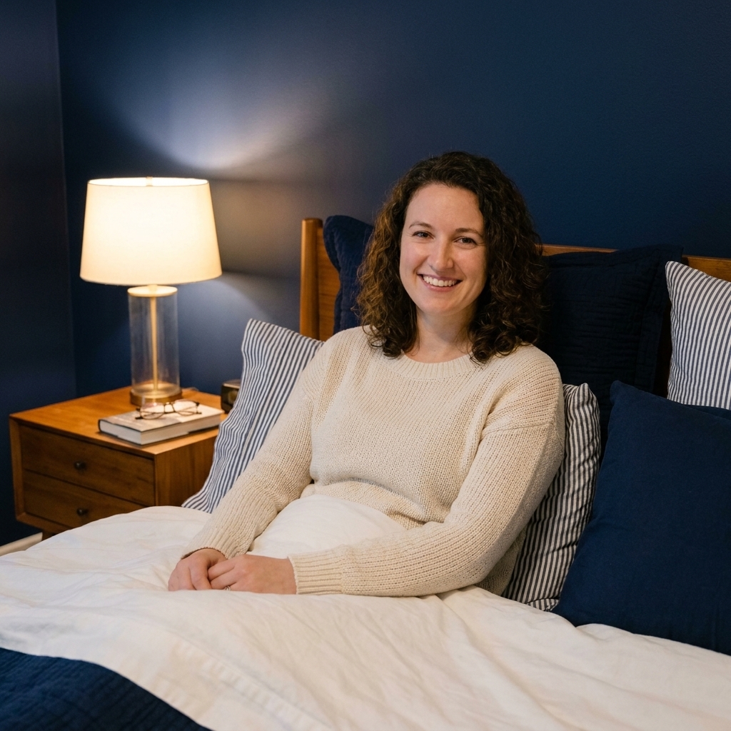 A bedroom with navy blue walls, a white duvet, layered striped pillows, and a warm wood nightstand with a glowing table lamp