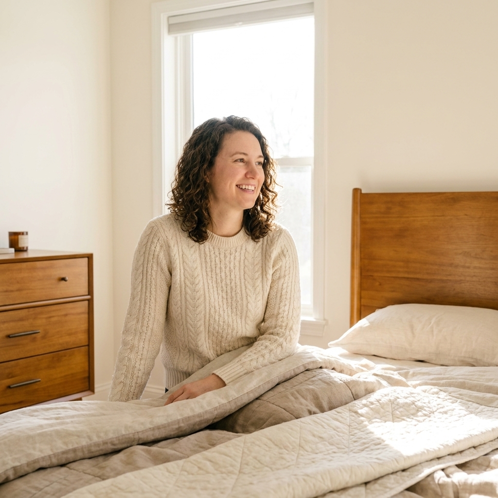 A bedroom with warm white walls, a medium-toned wood headboard, a matching wood dresser, and layered neutral bedding in bright morning light