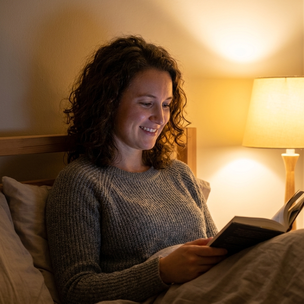 A bedside lamp casting warm light in a bedroom at night, with soft shadows on the wall and cozy bedding