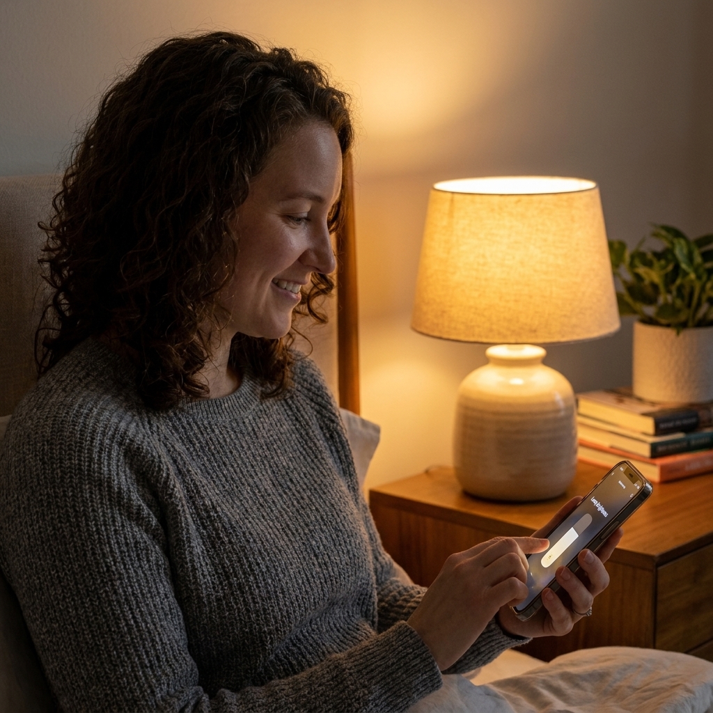 A bedside table lamp glowing warmly in a calm bedroom while a person adjusts the brightness using a smartphone