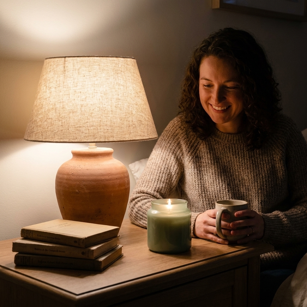 A bedside table styled with a ceramic terracotta lamp, a linen lampshade, a small stack of books, and a sage-colored candle glowing in warm evening light