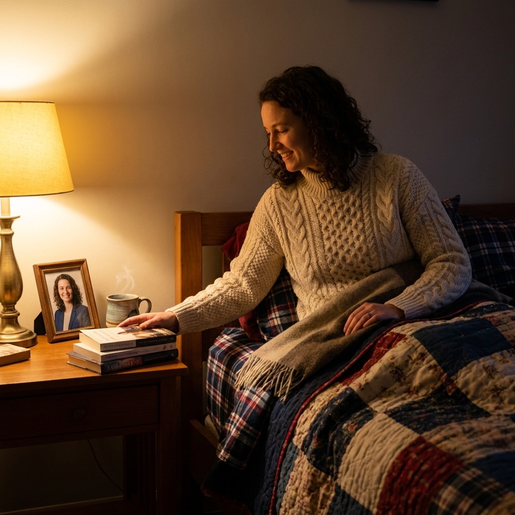 A bedside table with a glowing warm-toned lamp next to layered winter bedding, creating a soft cozy atmosphere