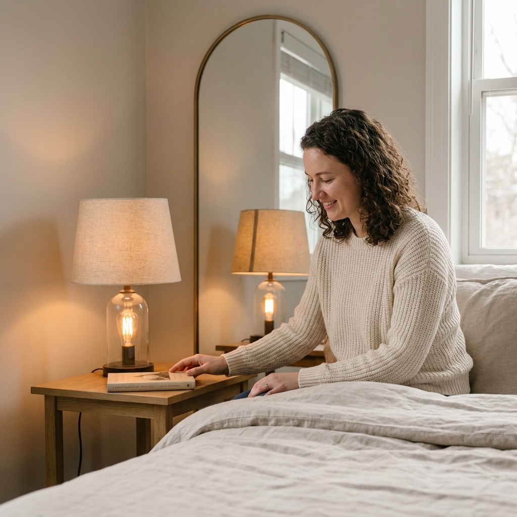 A bedside table with a warm-glowing lamp placed in front of an arched mirror, reflecting soft light onto neutral bedding