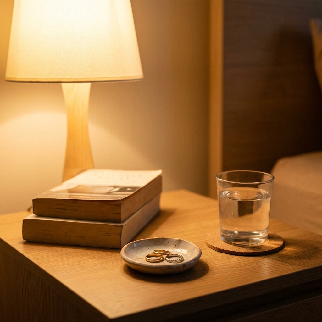A bedside table with a warm table lamp, a small stack of two books, a ceramic dish for rings on top, and a water glass set on a coaster