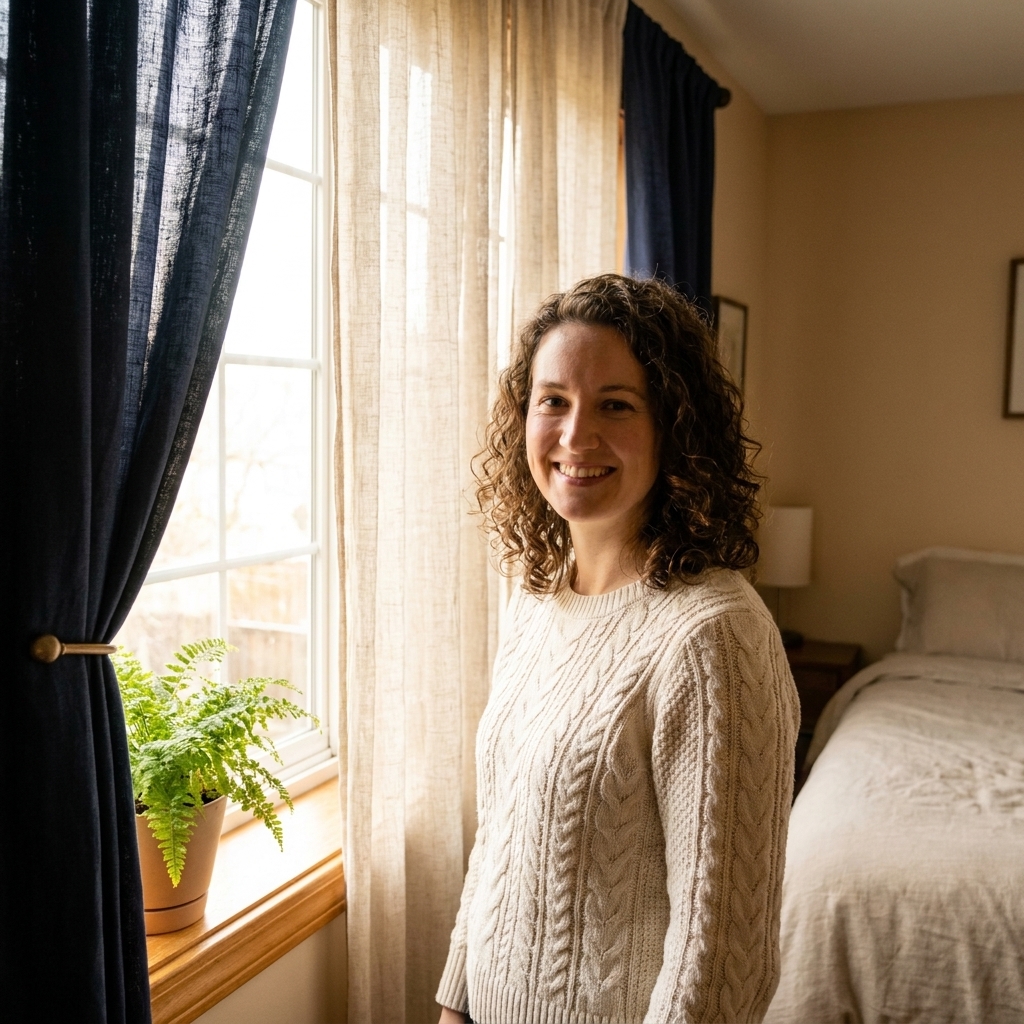 A bright bedroom window with textured linen sheer curtains gently filtering daylight, with darker curtains pulled to the sides
