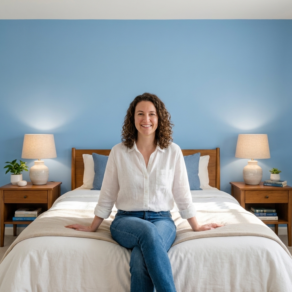 A bright bedroom with a queen bed centered on a solid painted wall, two matching nightstands, and balanced lamps creating a symmetrical setup
