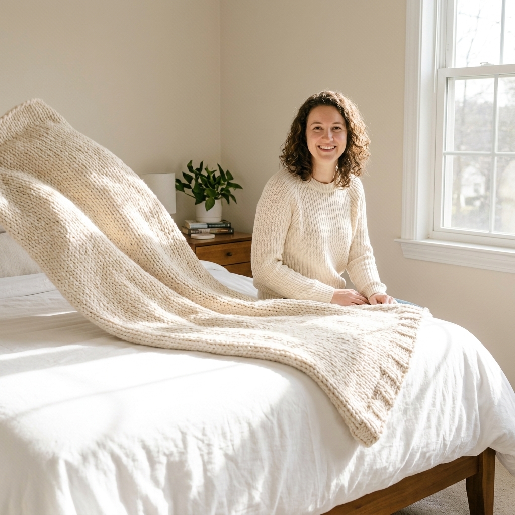 A bright bedroom with a white duvet and a chunky knit throw blanket casually tossed from the top corner down toward the foot of the bed