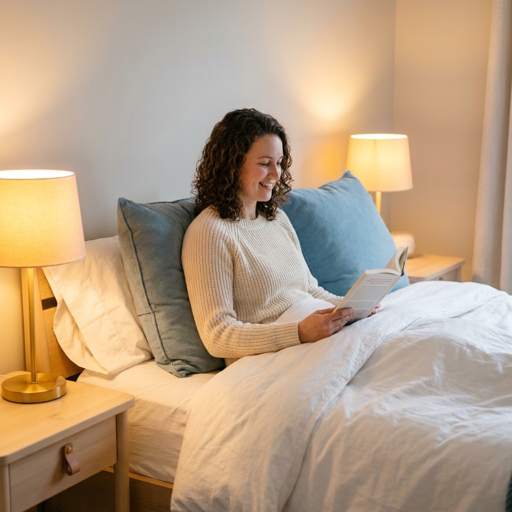 A calm bedroom scene with two bedside lamps casting warm light over crisp white bedding, a light wood nightstand, and soft blue accent pillows
