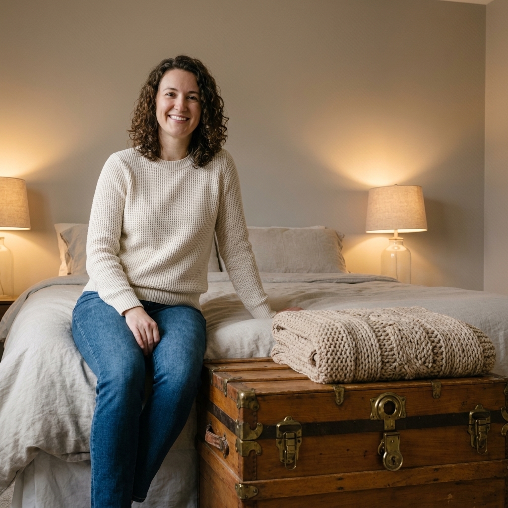 A calm, neutral bedroom with a vintage wooden storage trunk placed at the foot of the bed, styled with a folded throw blanket and a soft glow from bedside lamps