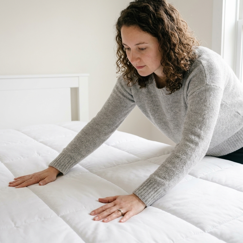 A close-up of a mattress topper being smoothed flat on a bed, showing a clean, padded surface ready for sheets