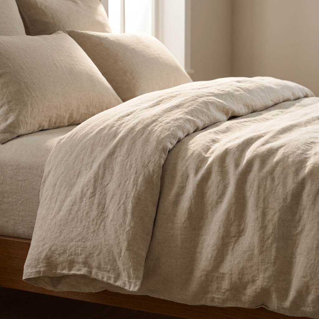 A close-up photo of a bed corner showing a lightly wrinkled natural linen duvet cover and matching pillowcases with soft morning light