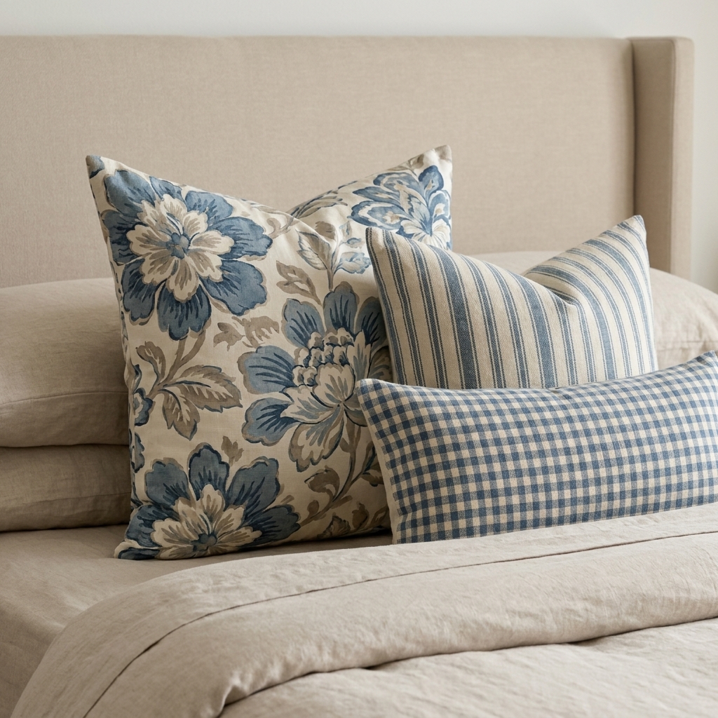 A close view of a bed with three throw pillows showing different pattern scales: a large floral euro pillow, a medium striped pillow, and a small gingham lumbar pillow in coordinated colors