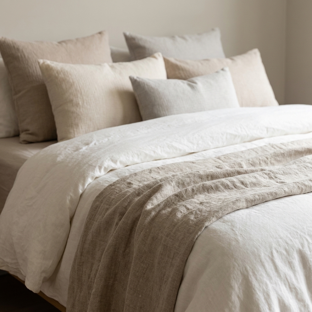 A close view of a neatly layered bed with rumpled linen duvet in warm white, a flax linen throw, and textured cotton pillows in soft neutral tones