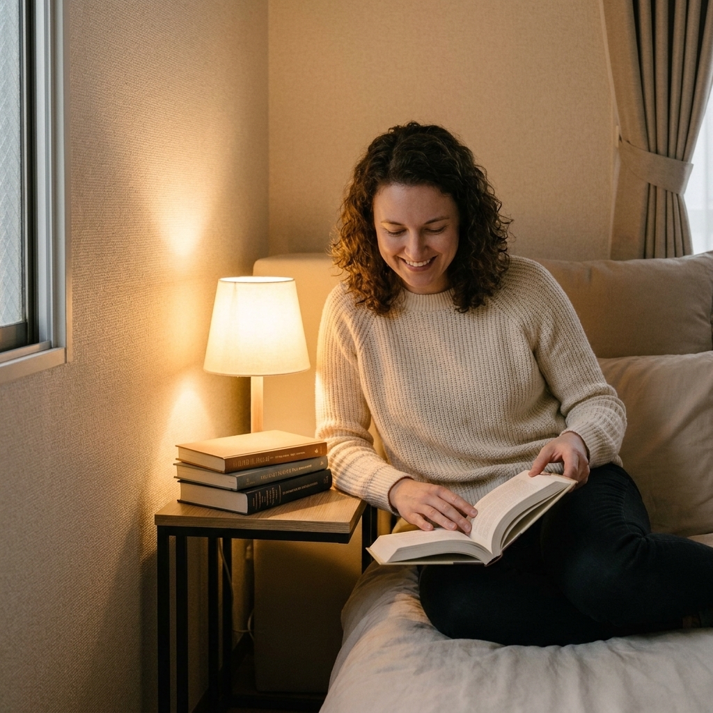 A compact bedroom corner with a slim wooden nightstand, a warm-glow table lamp, and a small stack of books beside a bed