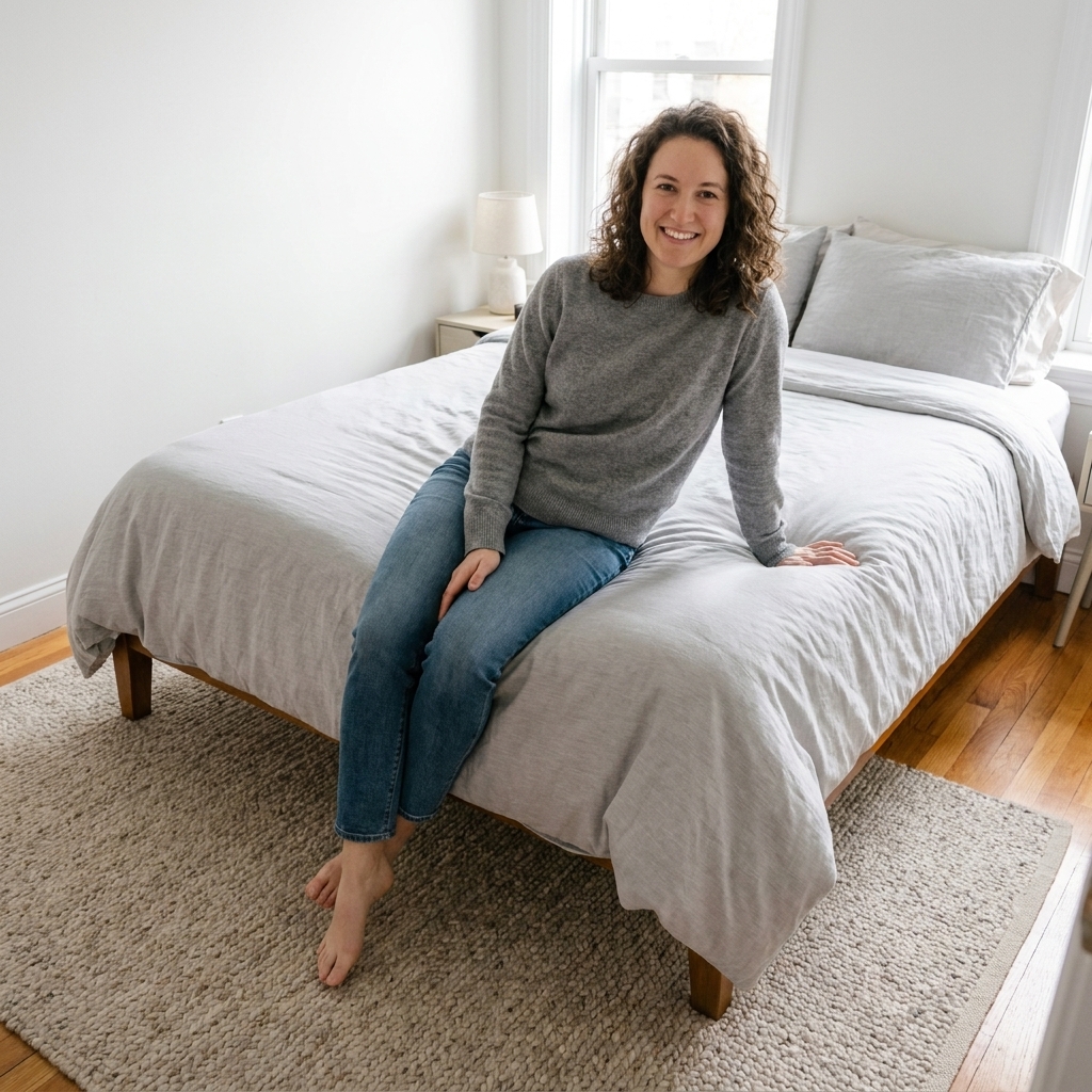 A compact bedroom with a full bed and a light neutral rug tucked under the lower two-thirds of the bed, leaving a slim border of visible wood floor around the rug