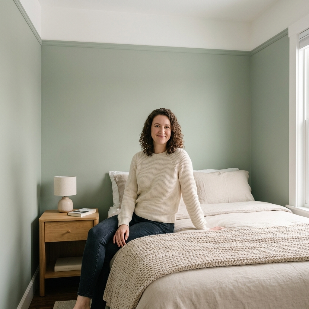 A compact bedroom with soft sage green walls, white ceiling, light wood nightstand, and neutral bedding creating a calm, spacious feel