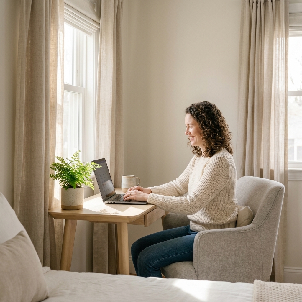 A compact desk placed under a bedroom window with light curtains, a laptop, a small plant, and a comfortable upholstered chair in a calm neutral palette