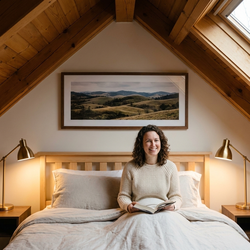A cozy attic bedroom with a sloped ceiling, a simple headboard, and a wide framed landscape piece centered above the bed, with warm reading lamps on nightstands