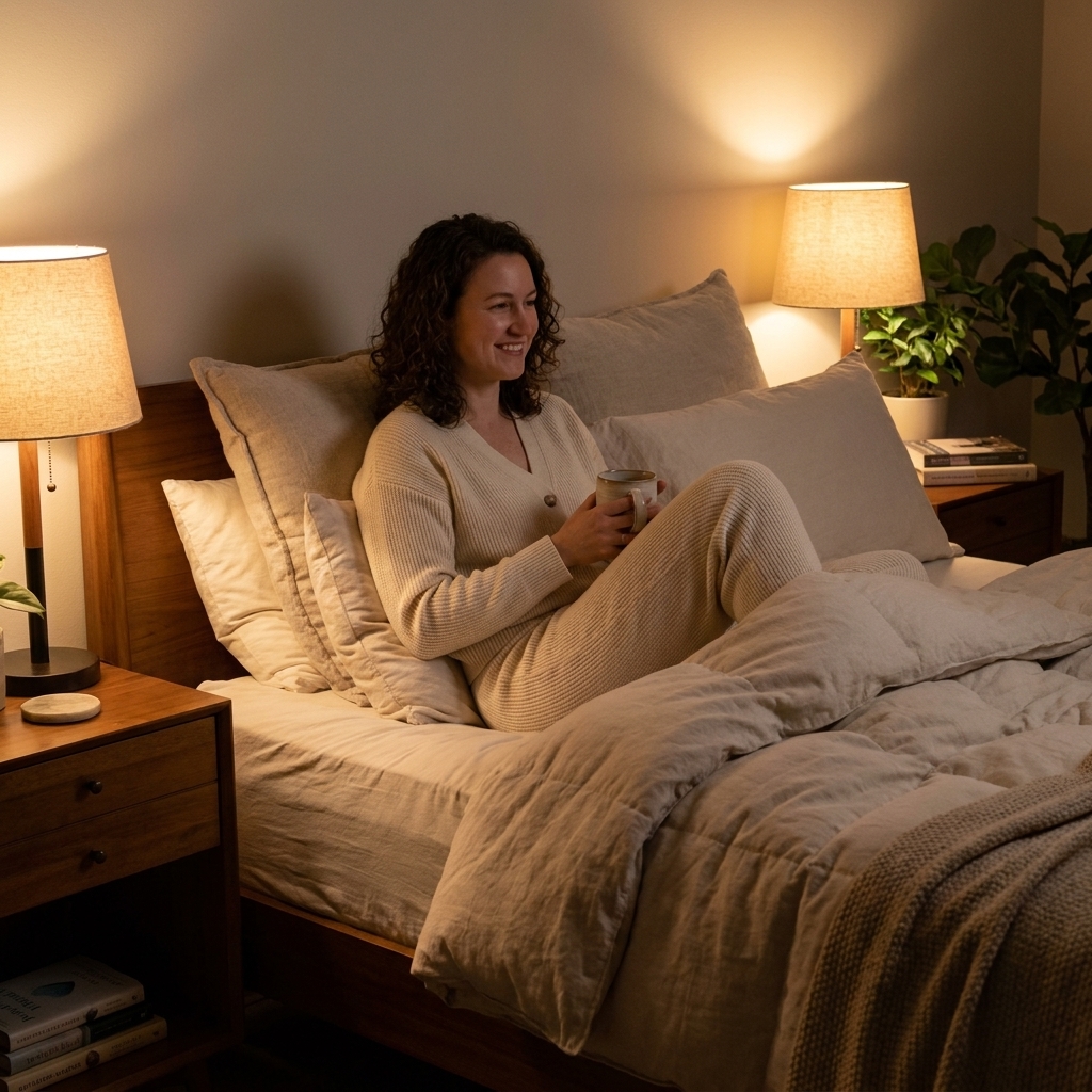 A cozy bedroom at night lit by two warm bedside lamps, with soft shadows, layered bedding, and no overhead lights