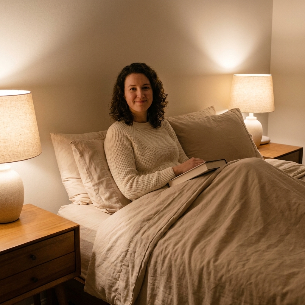 A cozy bedroom at night with warm bedside lamps on matching nightstands, soft shadows on neutral bedding, and a calm monochromatic color palette