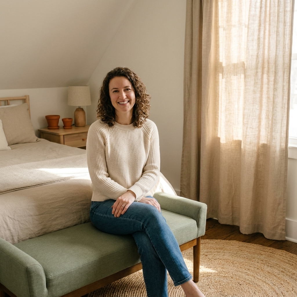 A cozy bedroom corner with a jute rug, a sand linen curtain, a sage upholstered bench at the foot of the bed, and small terracotta accents on a wooden nightstand