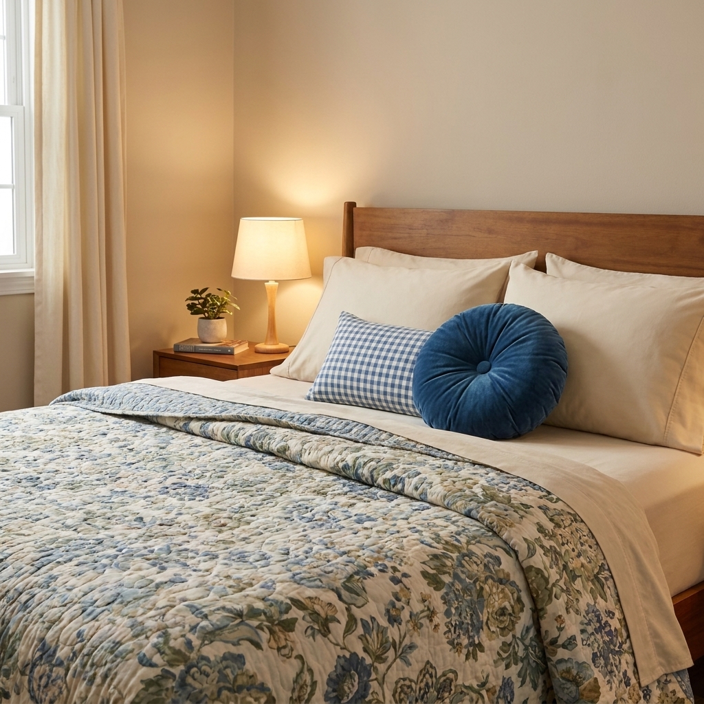 A cozy bedroom scene with a muted floral quilt, solid pillowcases, a small gingham lumbar pillow, and a velvet accent pillow arranged neatly on the bed