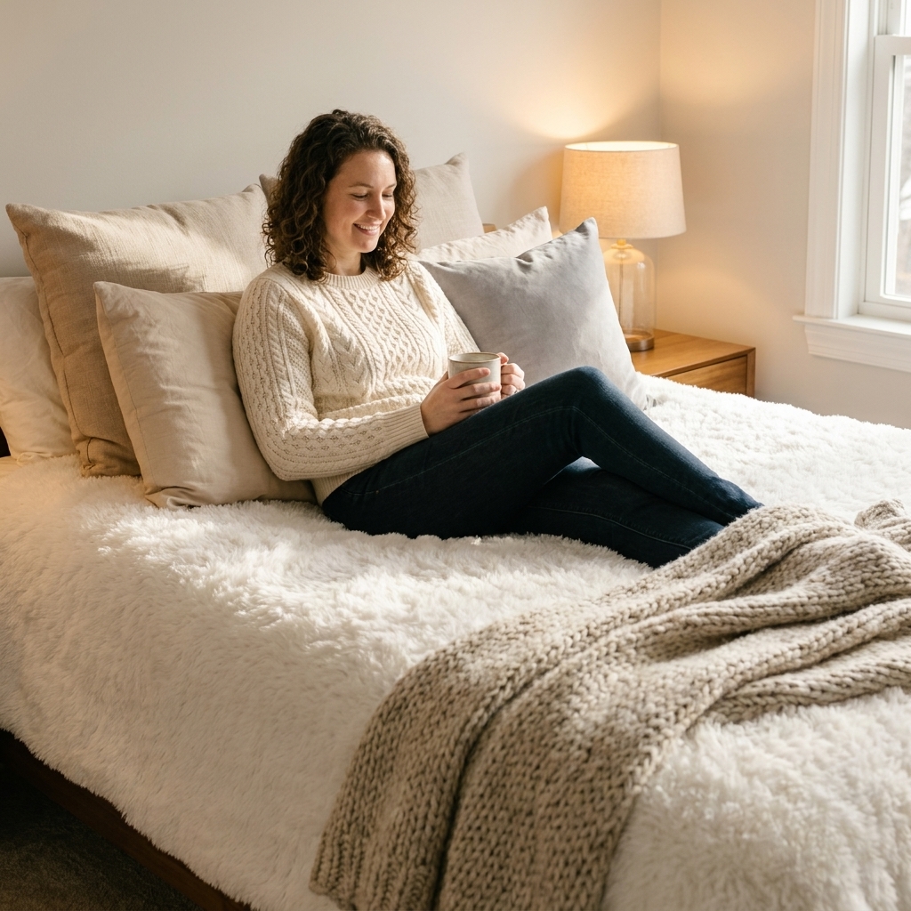 A cozy bedroom with a fluffy white comforter on the bed, layered pillows in neutral tones, and a knit throw casually draped over the corner