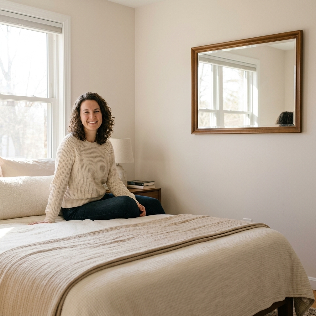 A cozy bedroom with a rectangular wall mirror positioned on the wall opposite a large window, reflecting daylight onto a neatly layered bed and pale walls