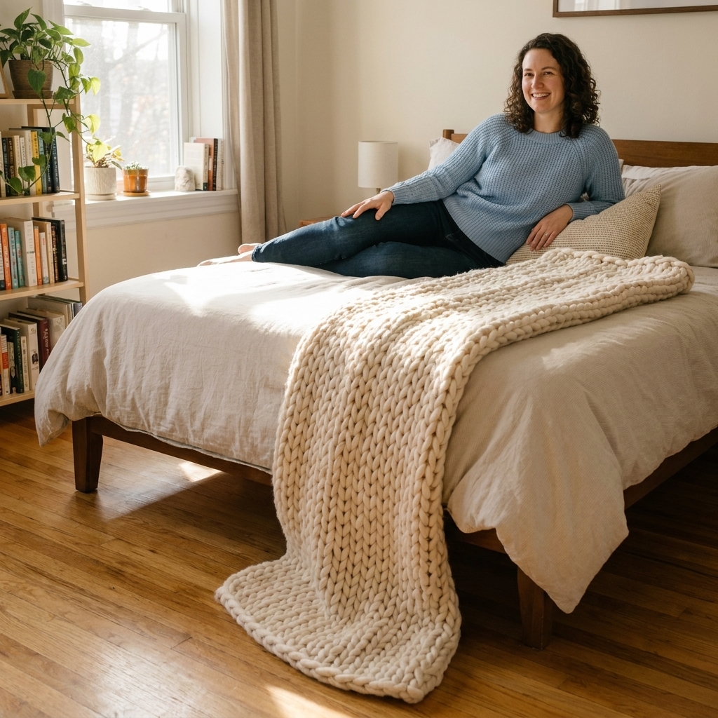 A cozy bedroom with a textured throw blanket draped lengthwise along one side of the bed, softly pooling near the foot
